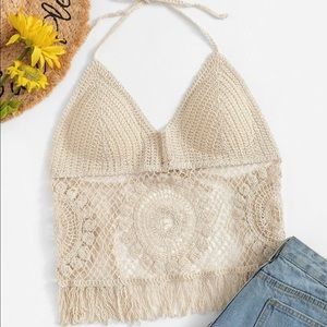 Crochet fringe hem halter top
